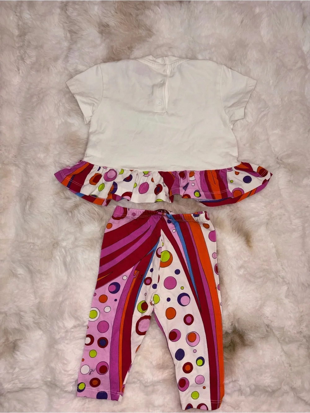 Emilio Pucci White Top with Pink, Red & Orange Swirl Leggings